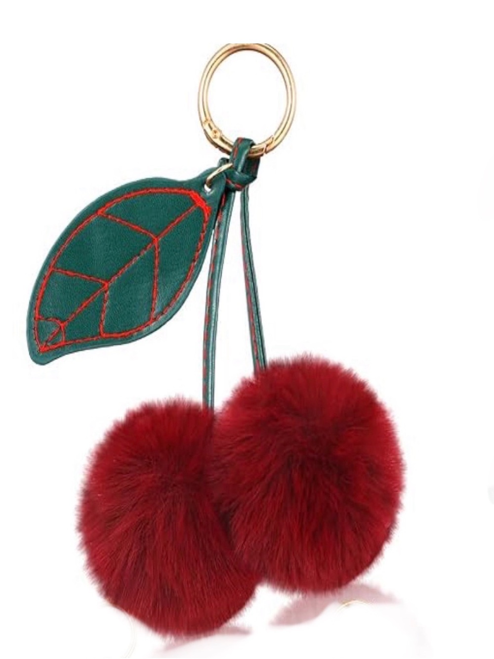 Red Cherry Pom Pom Leaf Keychain Bag Charm